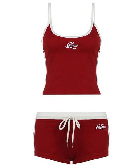 Cozy Chic: Women's Embroidered Red Cami & Shorts Lounge Set
