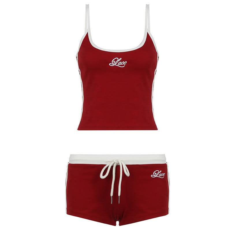 Cozy Chic: Women's Embroidered Red Cami & Shorts Lounge Set