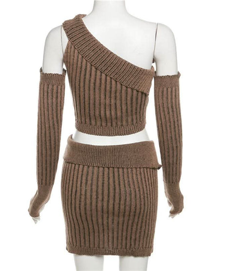 Fall's Must-Have: Chic Chocolate Ribbed Knit Asymmetrical Crop Top & Mini Skirt Set with Arm Warmers