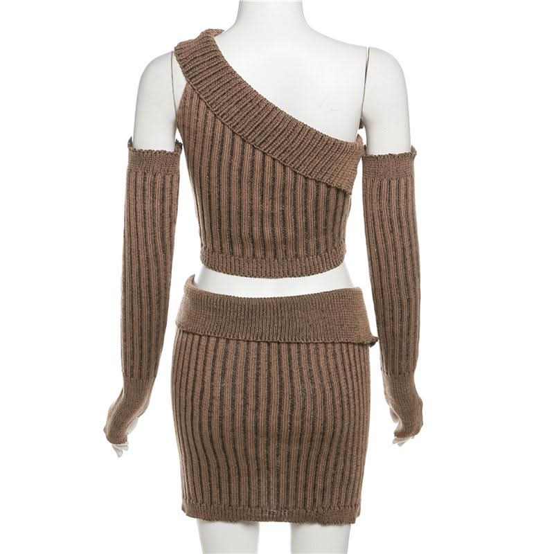 Fall's Must-Have: Chic Chocolate Ribbed Knit Asymmetrical Crop Top & Mini Skirt Set with Arm Warmers