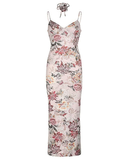 Effortless Autumn Bloom Maxi Dress & Choker Set | Chic V-Neck Floral Gown