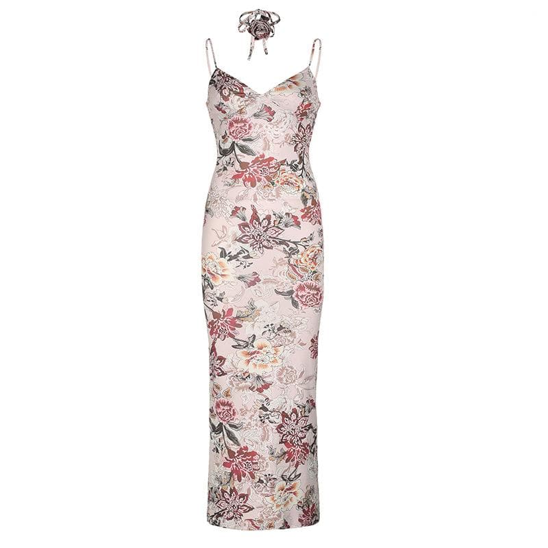 Effortless Autumn Bloom Maxi Dress & Choker Set | Chic V-Neck Floral Gown
