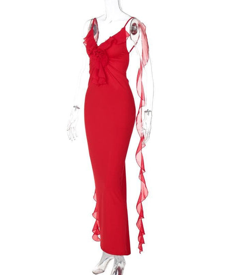 Siren Red Backless Ruffle Maxi Dress - Holiday Gala & Fall Elegance