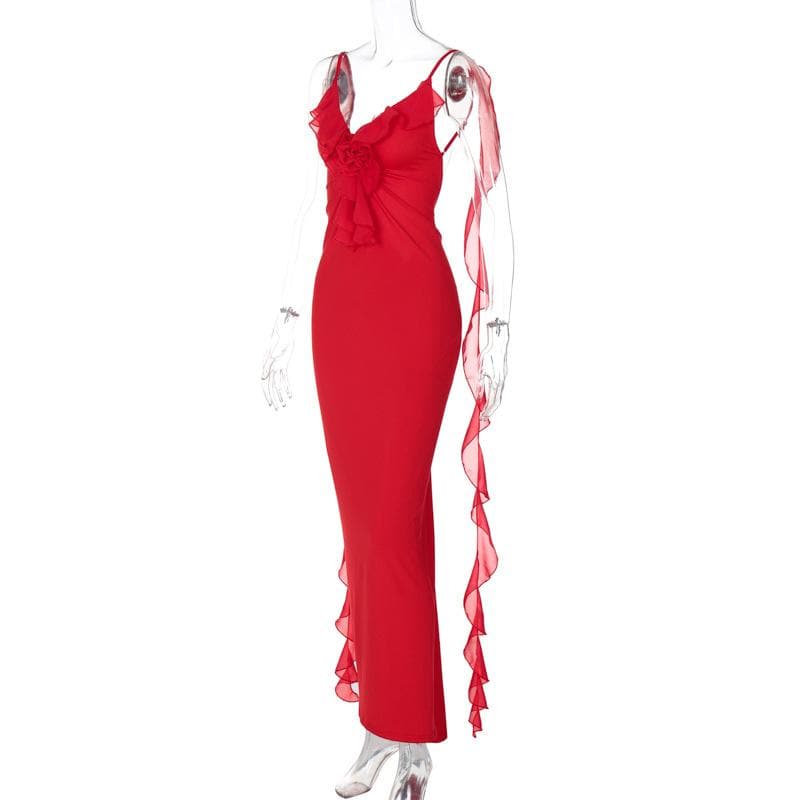 Siren Red Backless Ruffle Maxi Dress - Holiday Gala & Fall Elegance