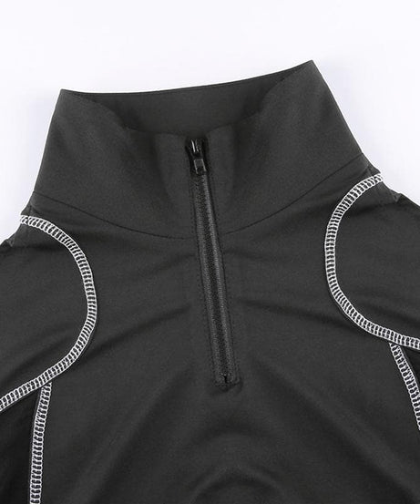 Edgy Chic Fall Mesh Crop Top - Quarter-Zip, Cold Shoulder & Tactical Buckle Detail