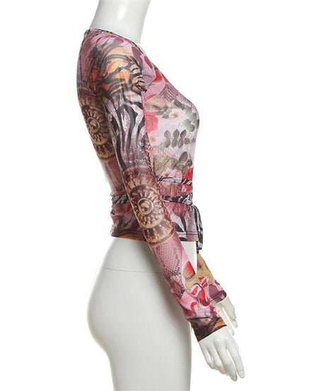 Chic Fall Mesh Wrap Top: V-Neck Long Sleeve Floral & Snake Print Statement