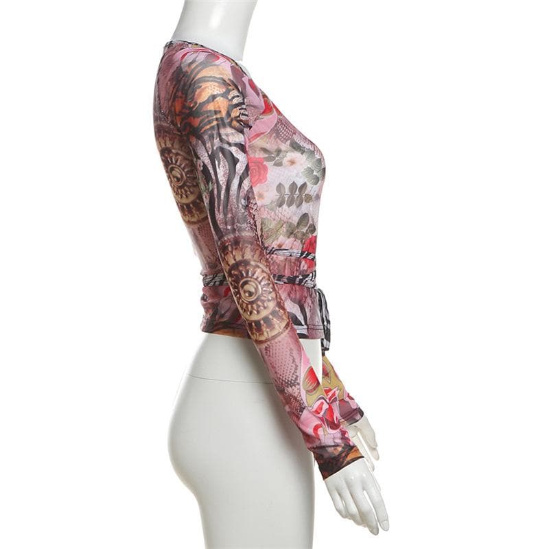 Chic Fall Mesh Wrap Top: V-Neck Long Sleeve Floral & Snake Print Statement