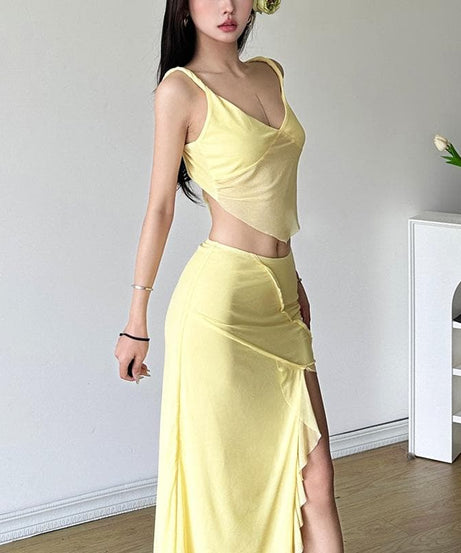 Golden Hour Glow: Breezy Yellow Mesh Cami & Ruffle Slit Maxi Skirt Set - Vacation & Resort Ready