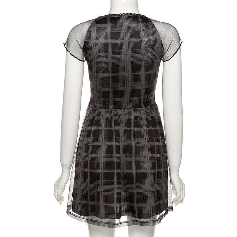 Chic Blue Plaid Mesh Mini Dress - Y2K Babydoll Style for Fall