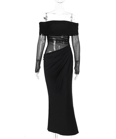 Alluring Black Mesh Off-Shoulder Maxi Dress - Ruched Evening Gown for Fall & Holiday Parties