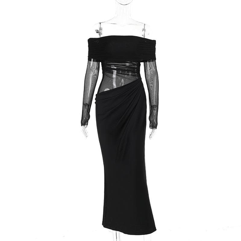 Alluring Black Mesh Off-Shoulder Maxi Dress - Ruched Evening Gown for Fall & Holiday Parties