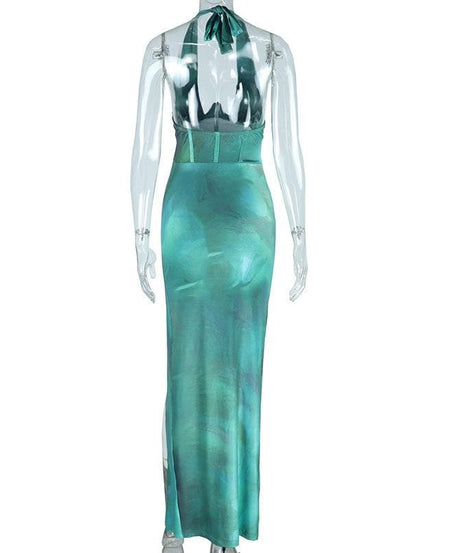 The Luxe Emerald Green Satin Halter Maxi Dress - Ruched Slit & Corset Detail for Holiday & New Year's Eve