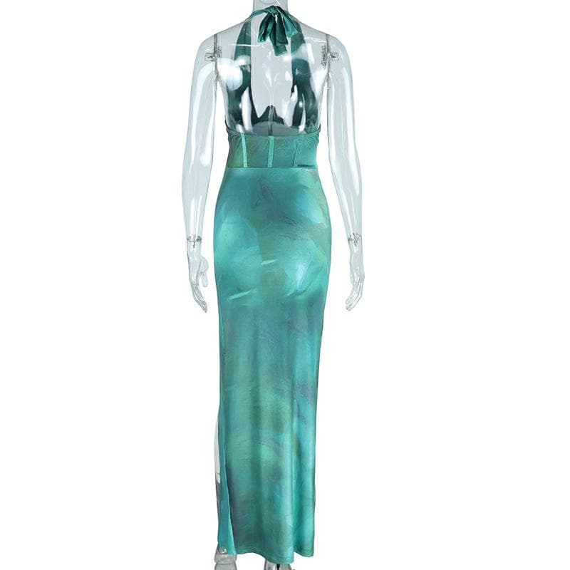 The Luxe Emerald Green Satin Halter Maxi Dress - Ruched Slit & Corset Detail for Holiday & New Year's Eve