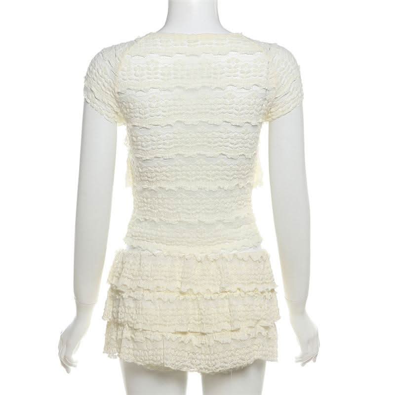 Dreamy Tiered Ruffle Lace Knit Shorts Set - Cozy Resort & Lounge Wear for Women