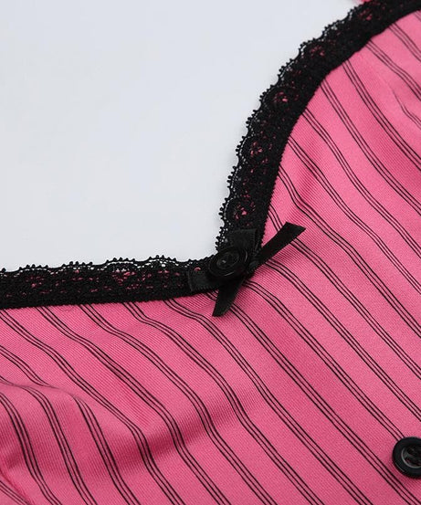 Pink Pinstripe Coquette Cami Top with Lace Trim & Bows - Fall Layering Essential
