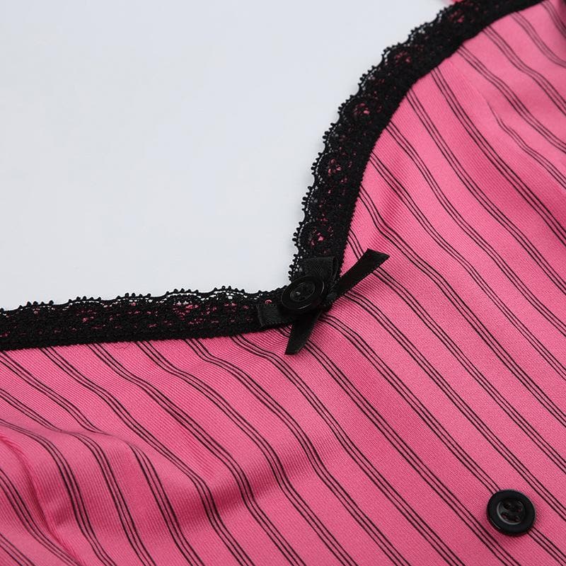 Pink Pinstripe Coquette Cami Top with Lace Trim & Bows - Fall Layering Essential