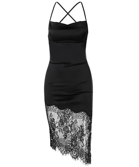 Alluring Black Satin & Lace Open Back Midi Dress - Your Go-To for Fall & Holiday Parties