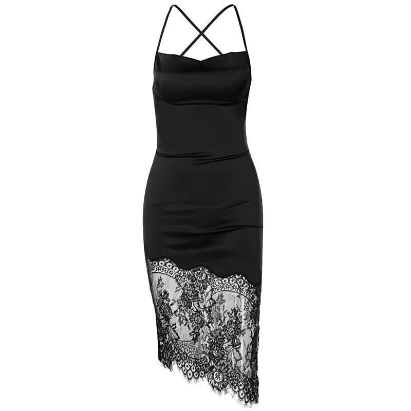 Alluring Black Satin & Lace Open Back Midi Dress - Your Go-To for Fall & Holiday Parties
