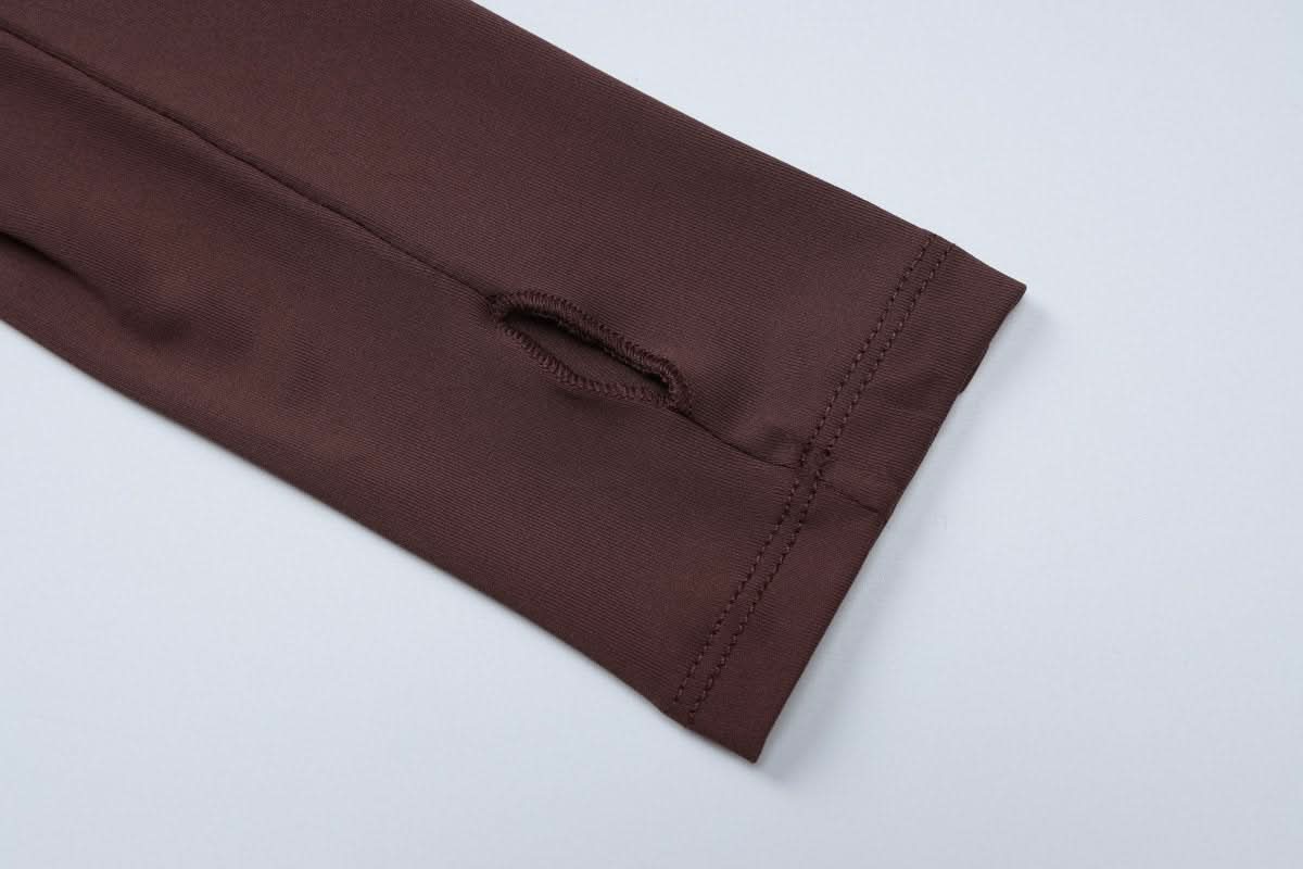 Cozy Fall Chic: Women's Brown Full-Zip Athleisure Set with Thumbholes