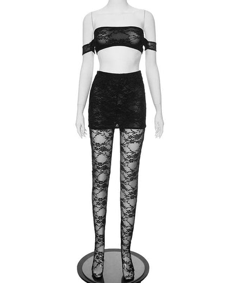 Sultry Black Lace Off-Shoulder Crop Top & Mini Skirt Set - Perfect for Fall Nights & Halloween
