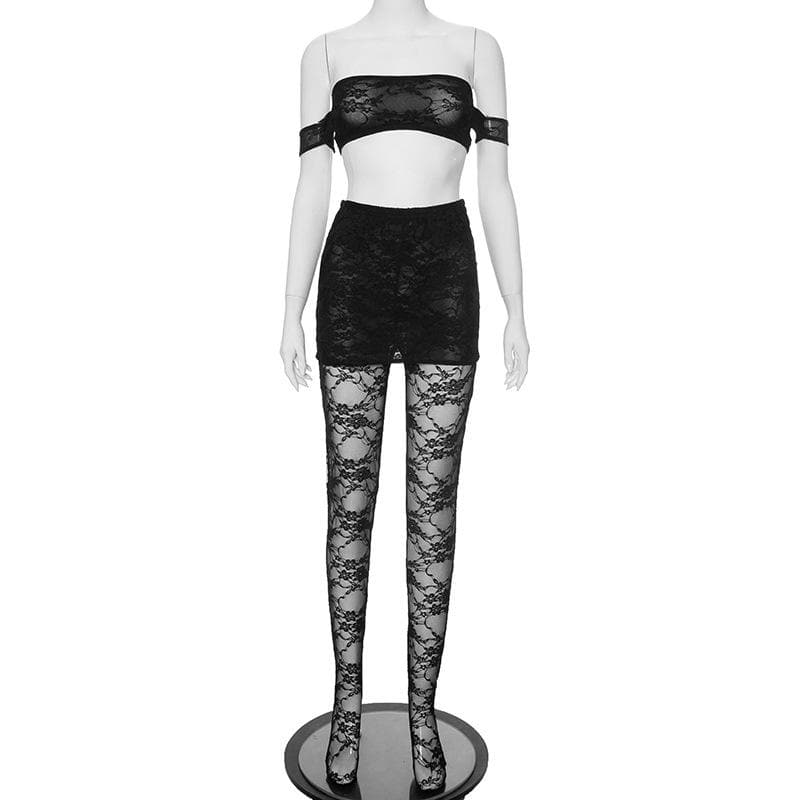 Sultry Black Lace Off-Shoulder Crop Top & Mini Skirt Set - Perfect for Fall Nights & Halloween