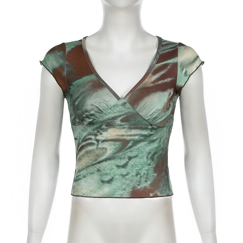 Effortless Fall Chic: Earthy Swirl Ribbed Knit V-Neck Cap Sleeve Top