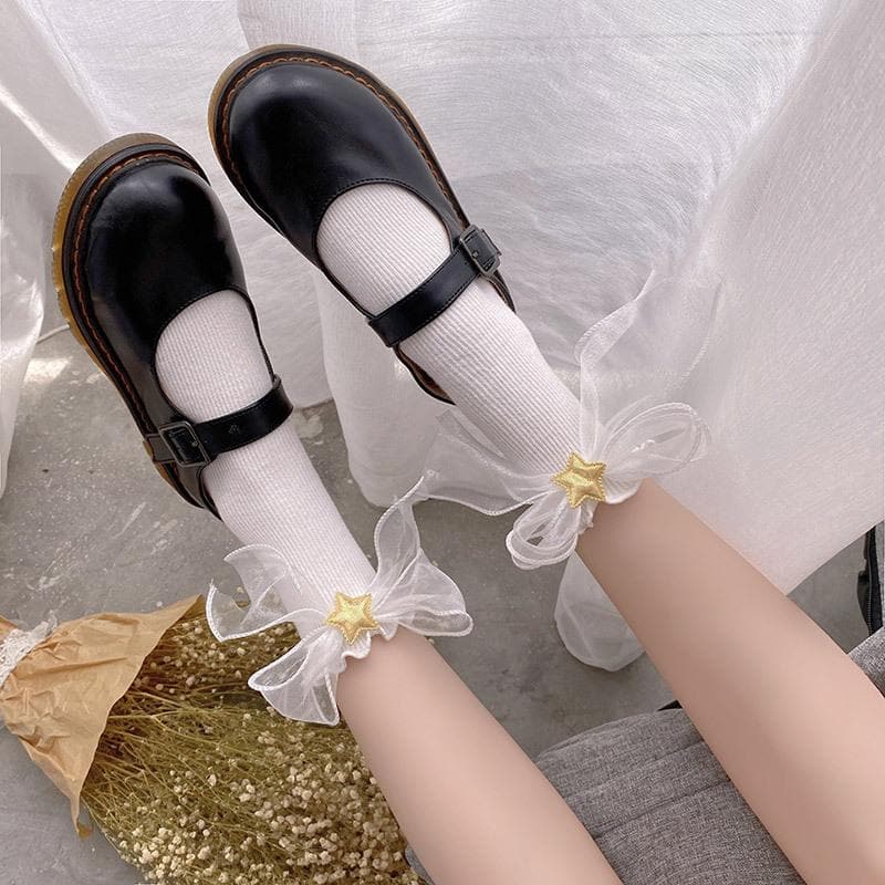 Whimsical Gold Star Ruffle Ankle Socks - Charming Cotton Blend for Fall & Holiday Style