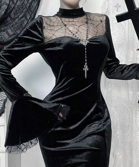 Haute Halloween: Black Velvet Spiderweb Maxi Dress - Elegant Gothic Glamour