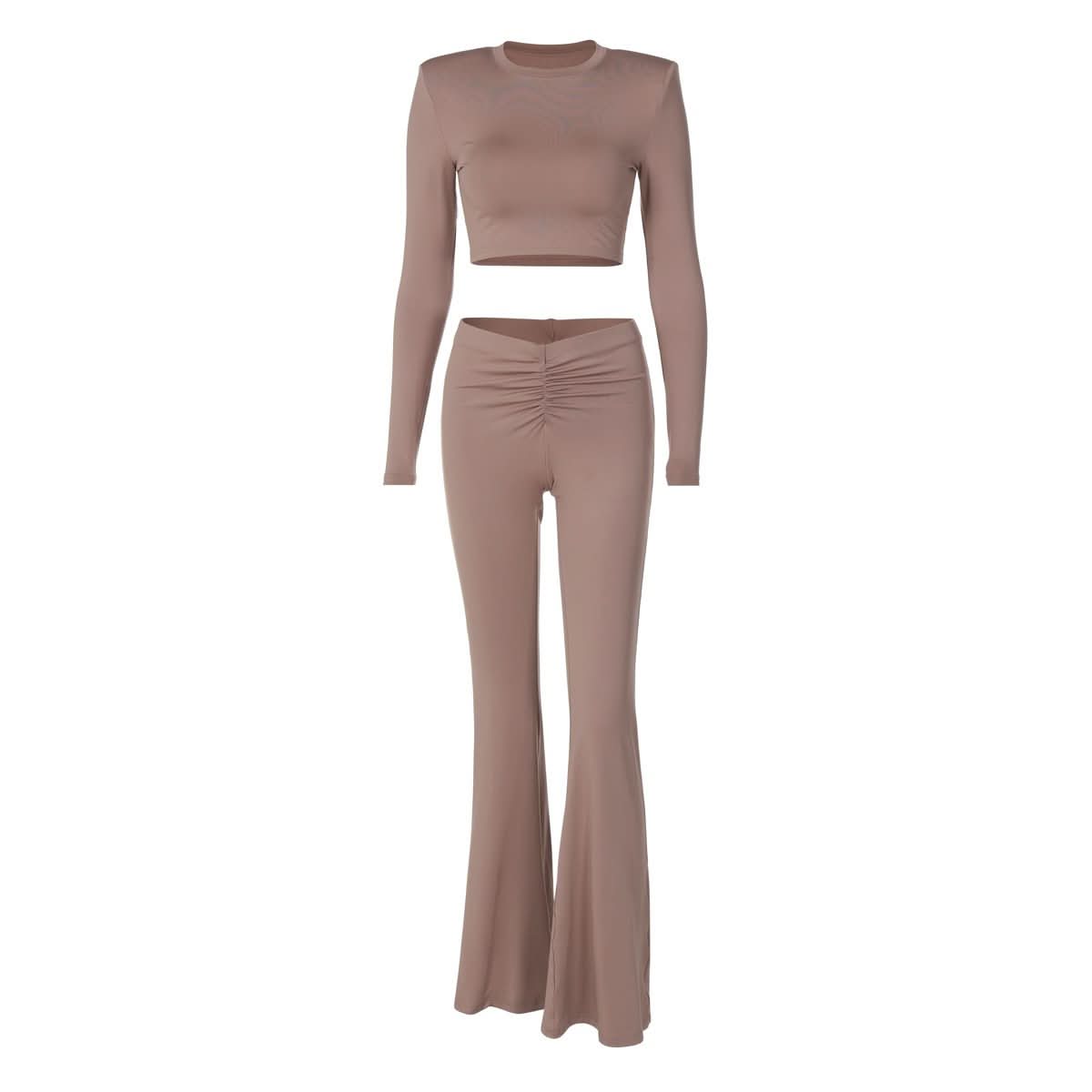 Cozy Fall Chic: Women's Ruched Flare Pant & Long Sleeve Crop Top Set - Mocha Brown Loungewear