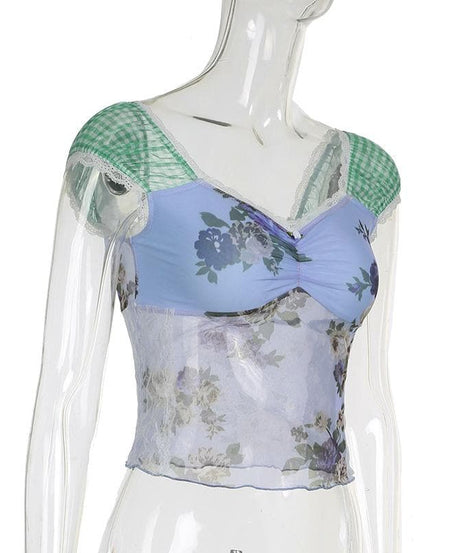 Autumn Bloom Floral Mesh & Gingham Sweetheart Top - Y2K Layering Cami