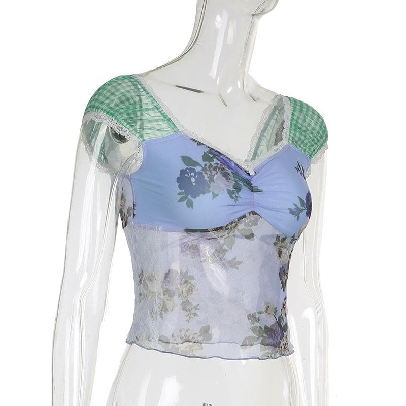 Autumn Bloom Floral Mesh & Gingham Sweetheart Top - Y2K Layering Cami