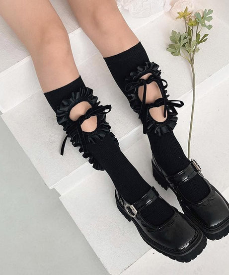Vintage Chic Ruffled Bow Cut-Out Knee High Socks - Fall & Goth Academia Ready