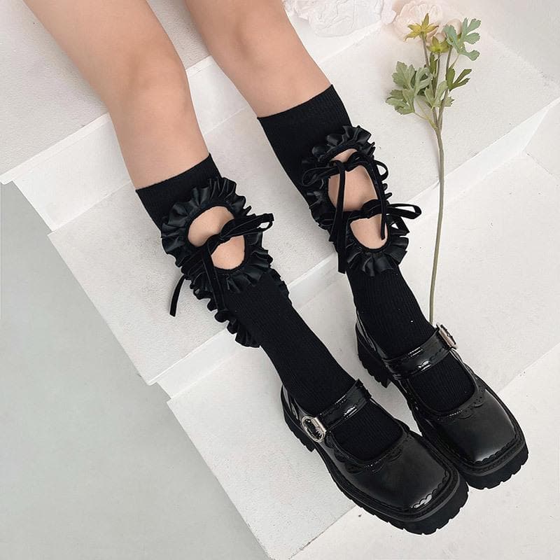 Vintage Chic Ruffled Bow Cut-Out Knee High Socks - Fall & Goth Academia Ready