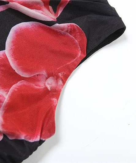 Sultry Orchid Blossom Mock Neck Mini Dress - Black Ruched Mesh for Fall & Holiday Parties