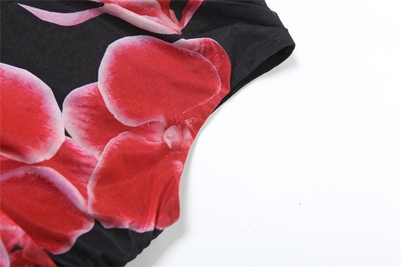 Sultry Orchid Blossom Mock Neck Mini Dress - Black Ruched Mesh for Fall & Holiday Parties