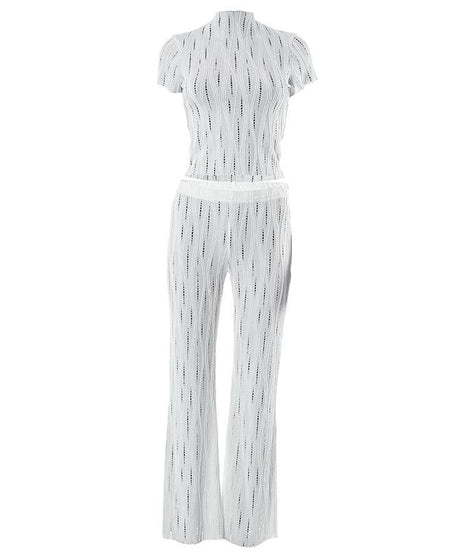 Effortless White Knit Resort Set: Chic High Neck Crop Top & Flared Pants for Your Fall/Winter Getaway