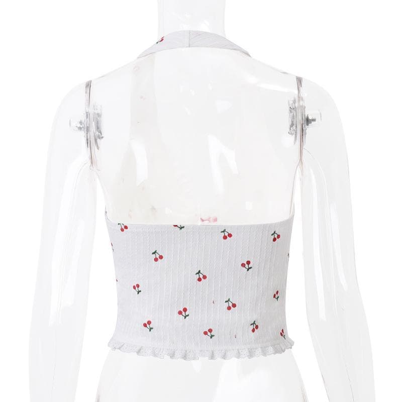 Sweet Cherry Halter Crop Top - Coquette Bow & Ruffle Trim for Y2K & Vacation Style