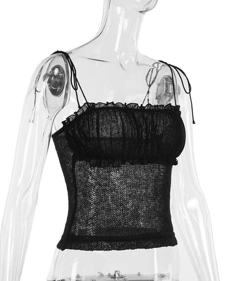 Chic Sheer Knit Ruffle Cami Top with Adjustable Tie-Shoulders - Fall Layering & Night Out Essential