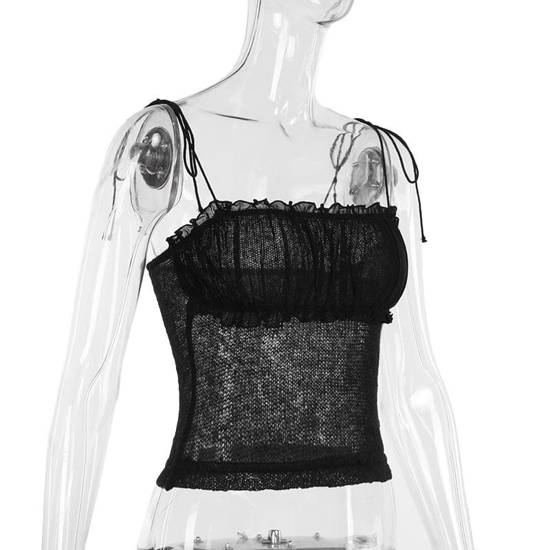 Chic Sheer Knit Ruffle Cami Top with Adjustable Tie-Shoulders - Fall Layering & Night Out Essential