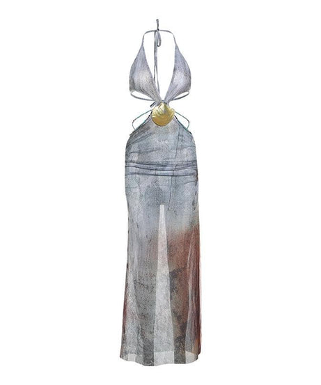 Mystic Shores Halter Maxi Dress - Shell Embellishment & Ombre Fall Print