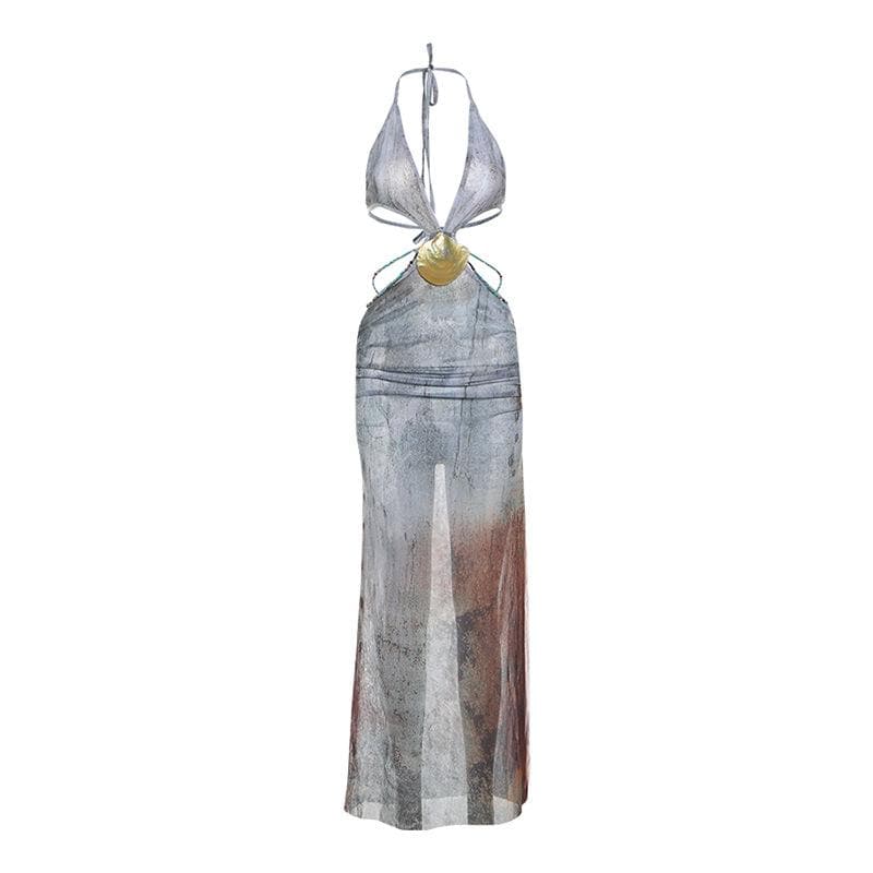 Mystic Shores Halter Maxi Dress - Shell Embellishment & Ombre Fall Print