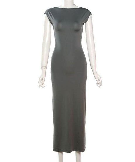 Autumn Chic: Women's Cap Sleeve Bodycon Maxi Dress with Elegant Open Back
