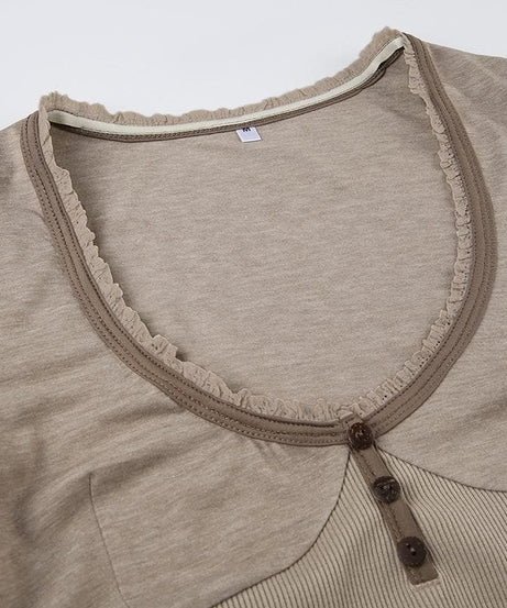 Fall Chic Ribbed Henley Long Sleeve Top | Lace Trim, Thumbholes & Flattering Fit