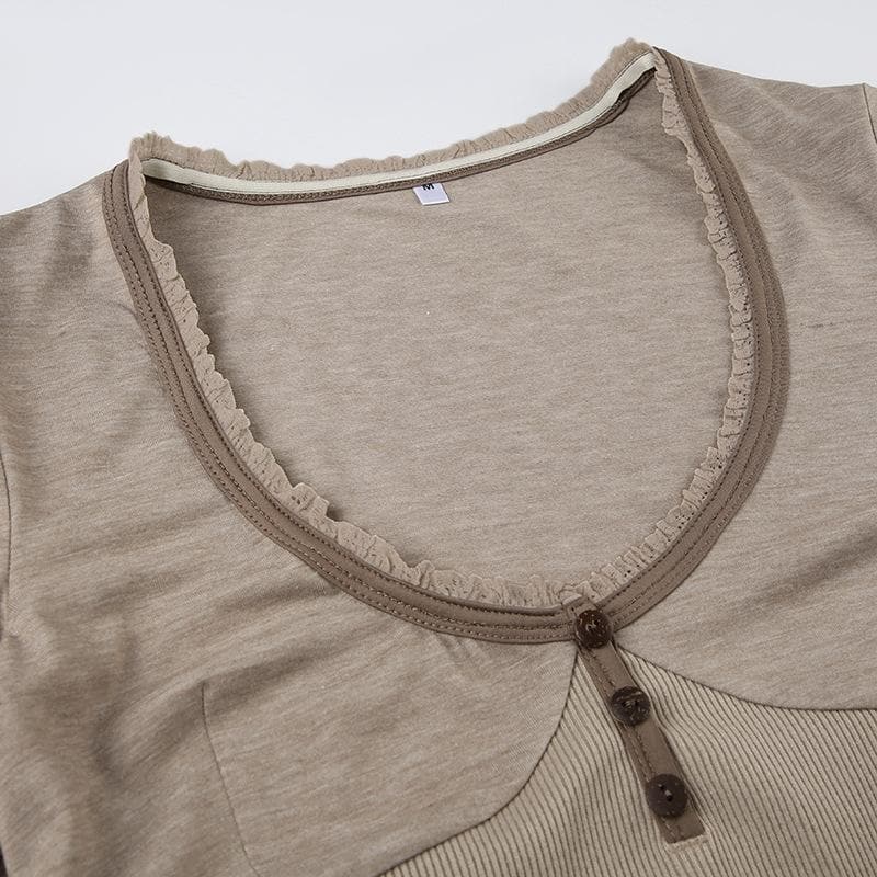 Fall Chic Ribbed Henley Long Sleeve Top | Lace Trim, Thumbholes & Flattering Fit