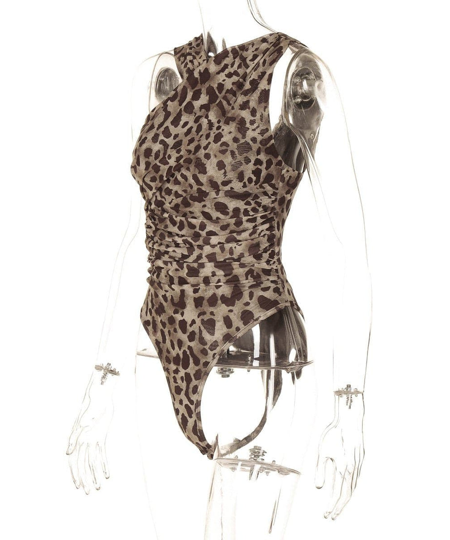 Fierce & Chic: Asymmetrical Leopard Print Ruched Bodysuit - Your Fall Party & Night Out Statement