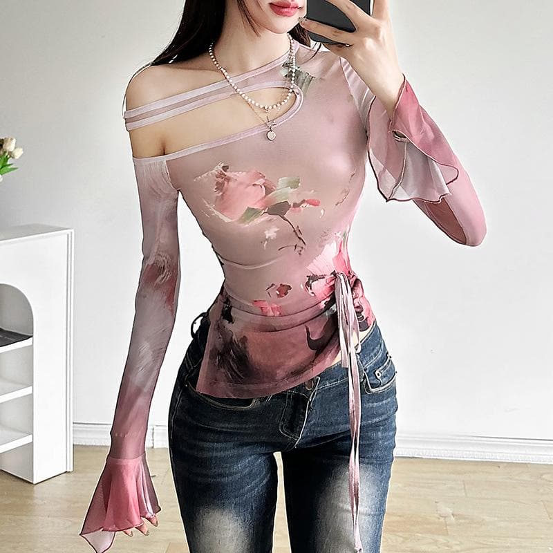 Autumn Rose Rendezvous Asymmetrical Mesh Top - Flared Sleeves & Tie Detail