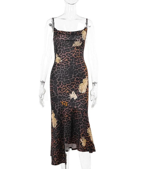 Chic Leopard & Gold Floral Slip Dress | Asymmetrical Cowl Neck Midi for Fall & Holiday Parties