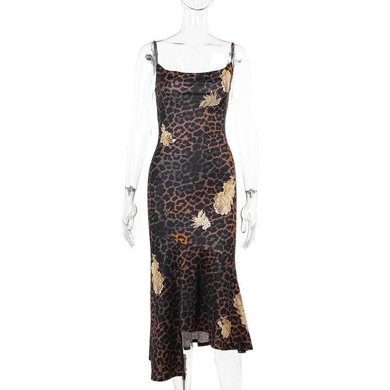 Chic Leopard & Gold Floral Slip Dress | Asymmetrical Cowl Neck Midi for Fall & Holiday Parties