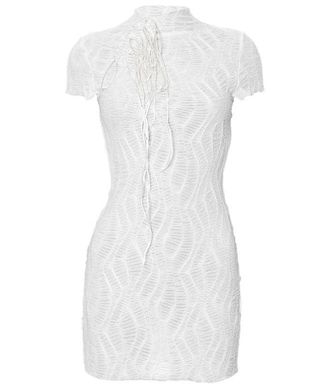 Chic White Textured Mesh Mini Dress - High Neck Self-Tie Bodycon for Fall Parties & Night Out