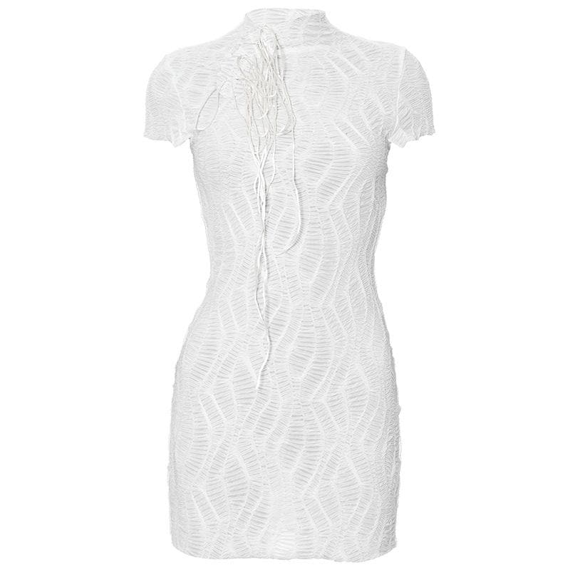 Chic White Textured Mesh Mini Dress - High Neck Self-Tie Bodycon for Fall Parties & Night Out